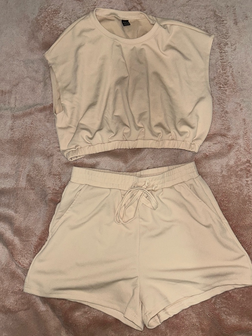 SHEIN Cream Ribbed Crop Tank & Drawstring Shorts Set